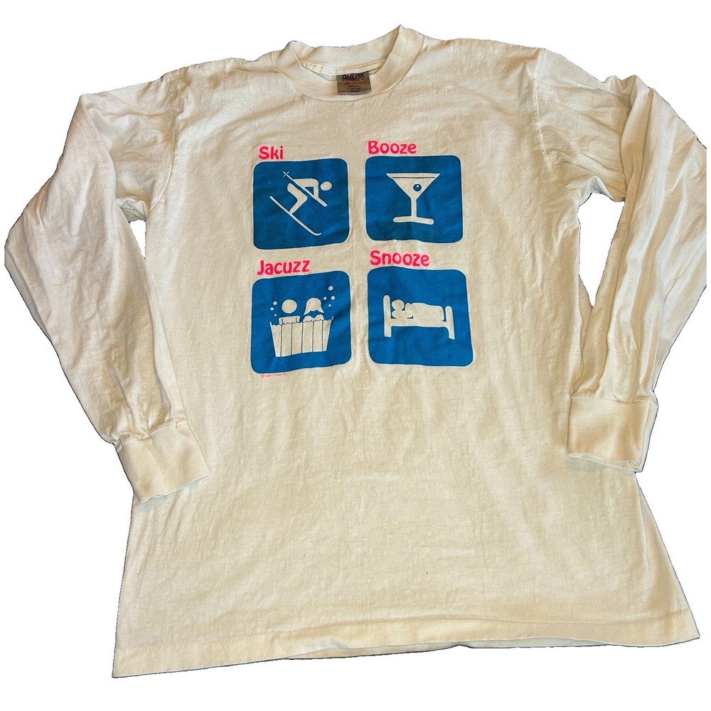 Vintage 80's Men's Long Sleeve Snowboard Mountain Ski T Shirt White Size XL